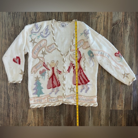 Vtg Stitches In Time QVC 2XL Embellished Cardigan Sweater Angels Peace Love Hope - Picture 4 of 13
